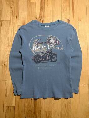 Vintage 90s Blue Harley-Davidson Waffle Knit Thermal Long Sleeve Shirt